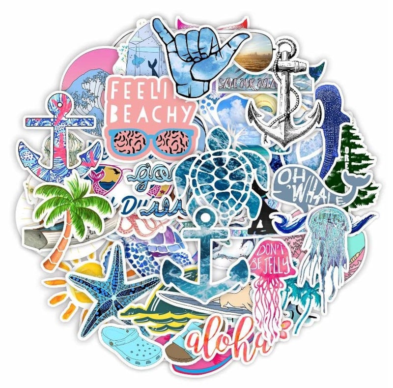 Incholl 50 Pcs Sea Stickers Vacation Decals for Water Bottle Laptop Luggage Car Bike Bicycle Waterproof Vinyl Beach Surfing Stickers Pack - Image 1